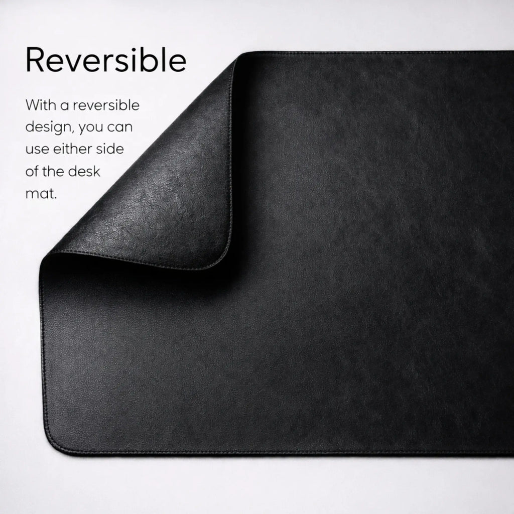 Black desk mat with reversible design on a white background