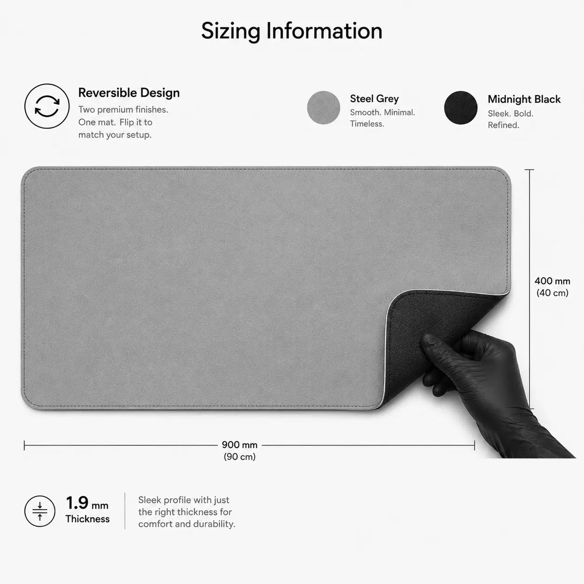 Sizing information graphic showing the 90cm by 40cm dimensions of the Desdet large desk mat
