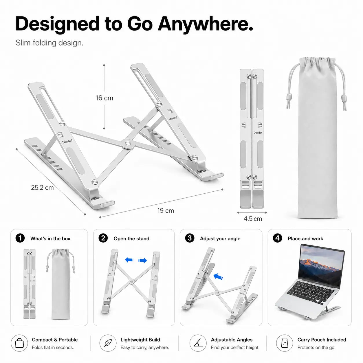 Desdet Rise | Adjustable Foldable Silver Aluminium Laptop Stand
