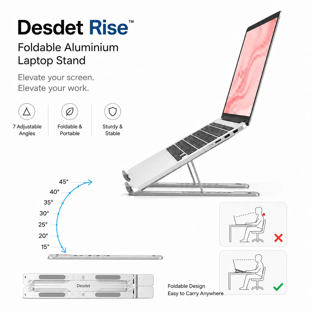 Desdet Rise | Adjustable Foldable Silver Aluminium Laptop Stand